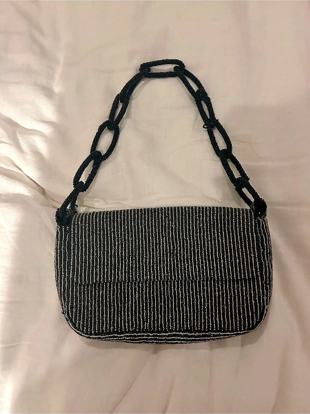 Beaded Shoulder Bag in Black & Silver